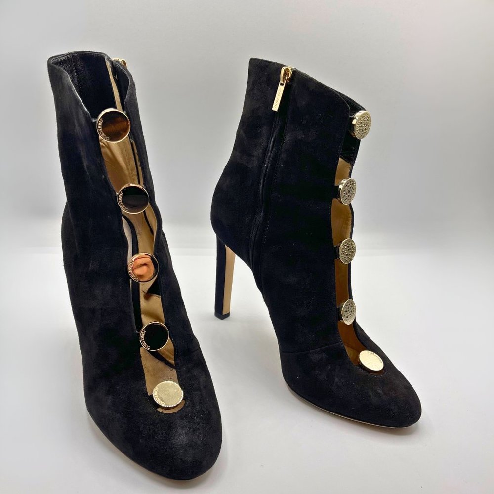 JIMMY CHOO LORETTA BLACK SUEDE ANKLE BOOT, CUT-OUT FRONT & GOLD-TONED BUTTONS - Picture 2 of 15